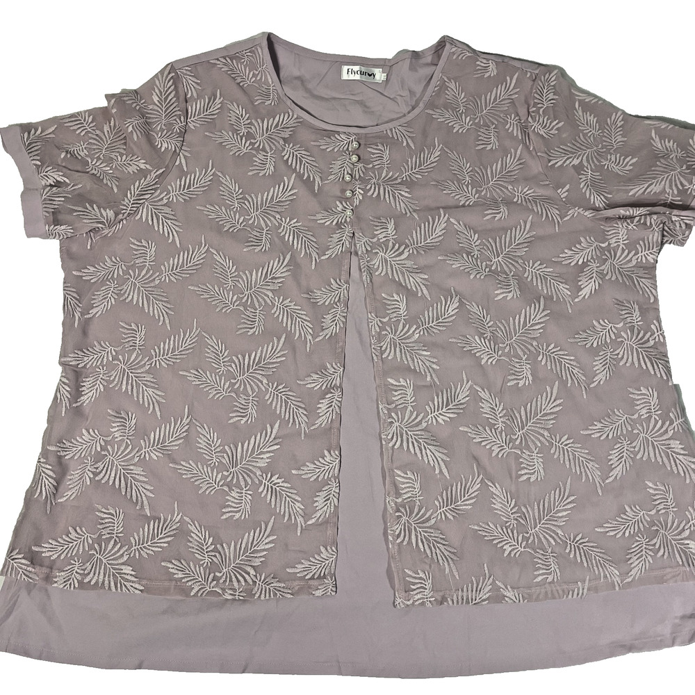 Flycurvy Blouse Womens 5XL Mauve Pink Embroidered Short Sleeve Top